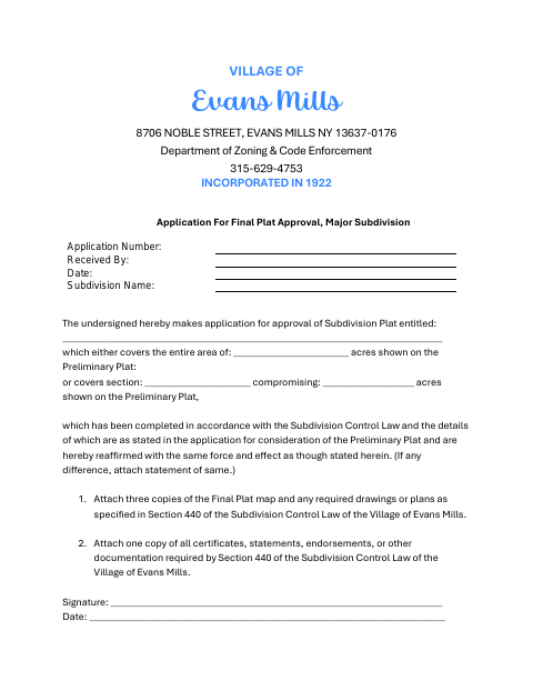First page of the Application for Final Plat Approval, Major Subdivision