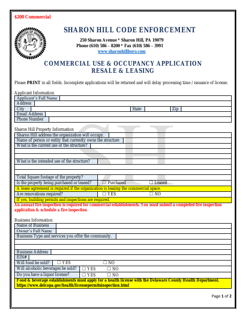 First page of the Commercial Use & Occupancy Application Resale & Leasing