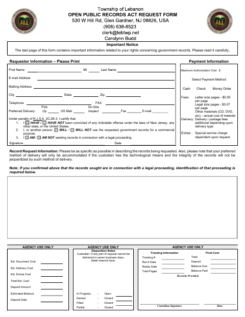 First page of the Open Public Records Act Request Form