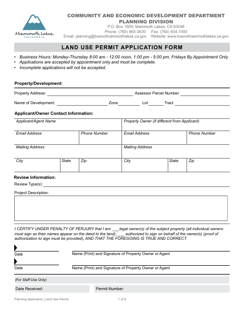 First page of the Land Use Permit Application