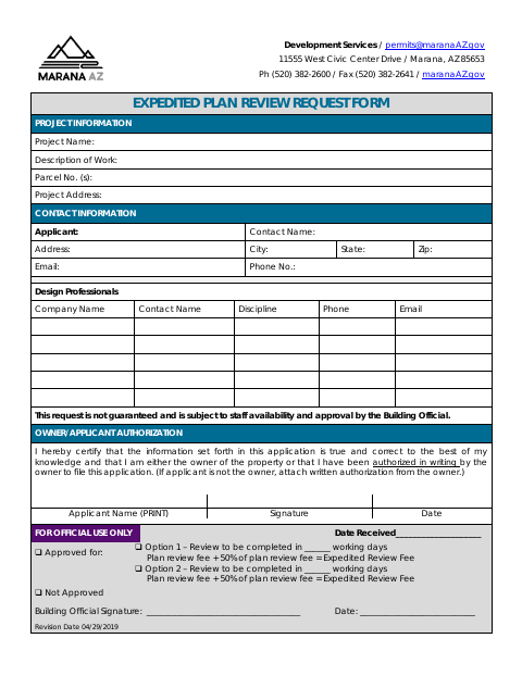 First page of the Building Expedited Plan Review Request Form