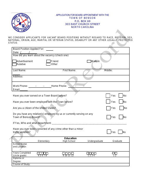 First page of the Application for Board Appointment