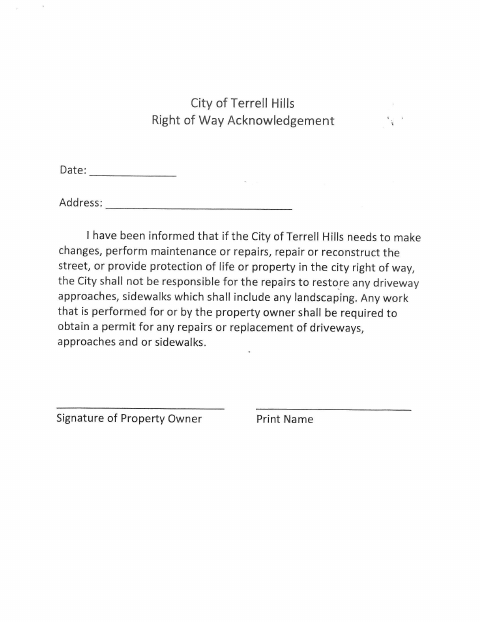 First page of the Right-of-Way Acknowledgment