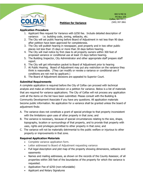 First page of the Petition for Variance