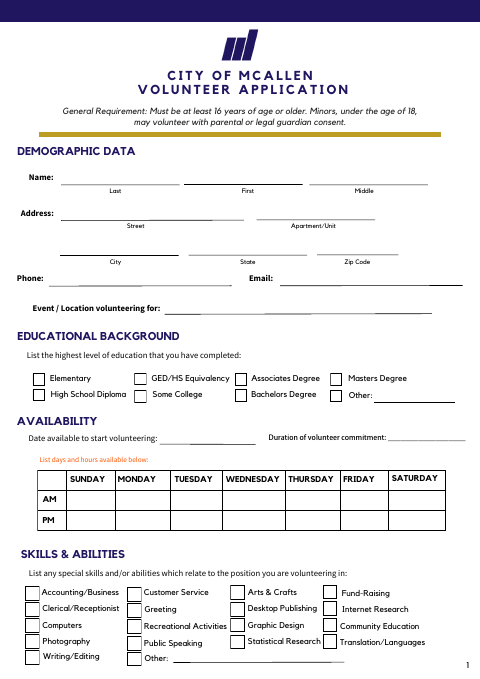 First page of the Volunteer Application