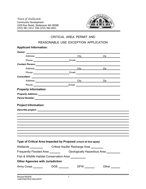 First page of the Critical Area Permit and Reasonable Use Exception Application