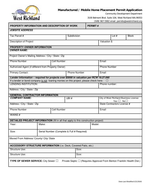 First page of the Manufactured / Mobile Home Placement Permit Application