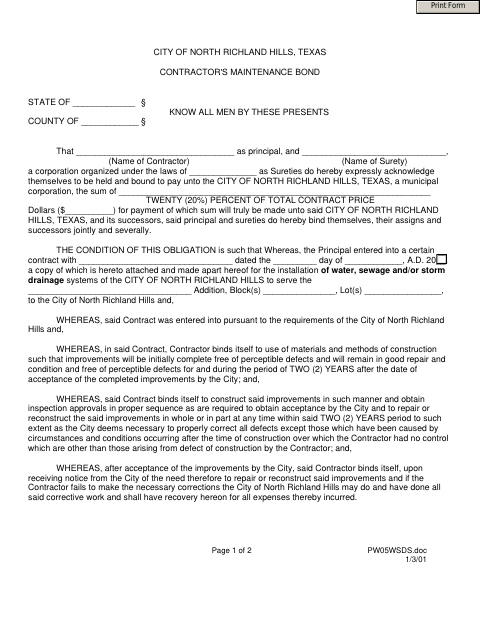 First page of the Contractor's Maintenance Bond