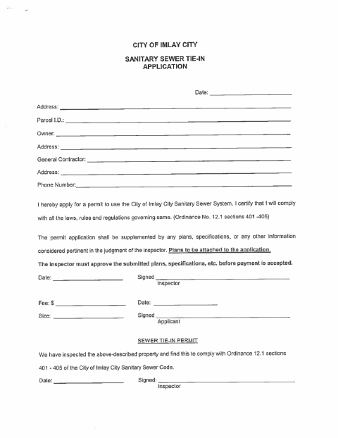 First page of the Sanitary Sewer Tie-in Application