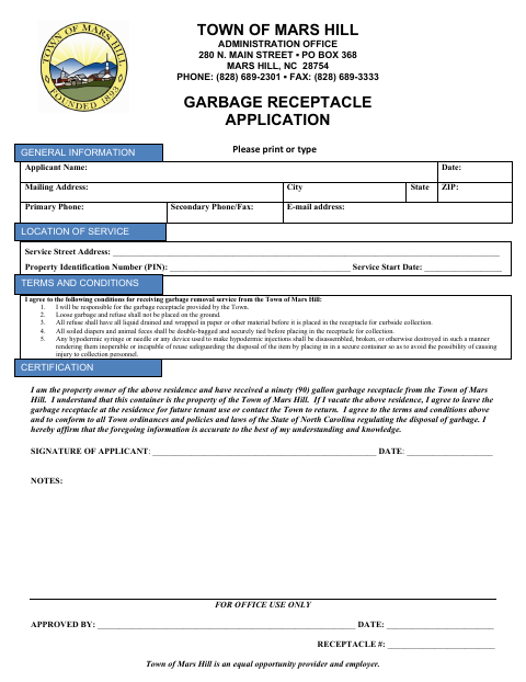 First page of the Garbage Receptacle Application