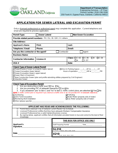 First page of the Application for Sewer Lateral and Excavation Permit