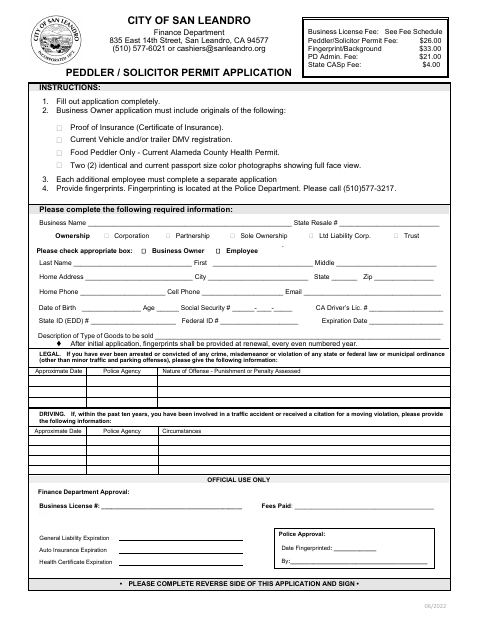 First page of the Peddler / Solicitor Permit Application