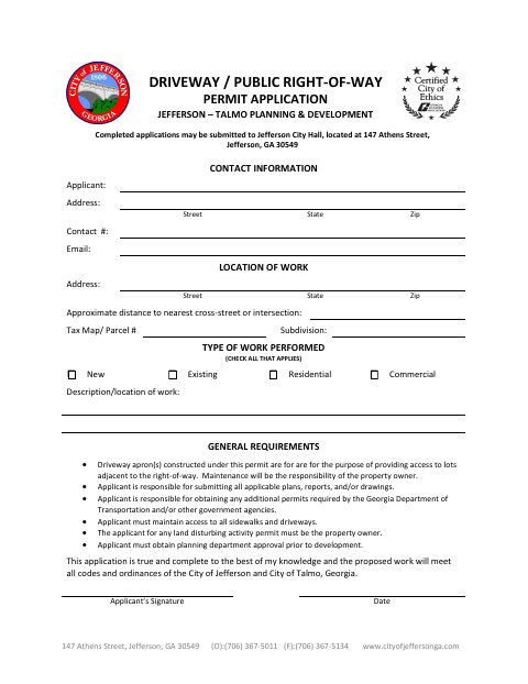 First page of the Driveway / Public Right-of-Way Permit Application