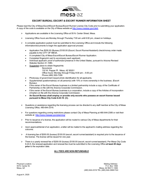 First page of the Escort Bureau License Application