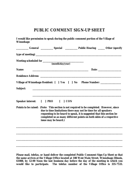 First page of the Public Comment Sign-Up Sheet