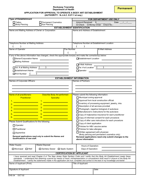 First page of the Application for Approval to Operate a Body Art Establishment
