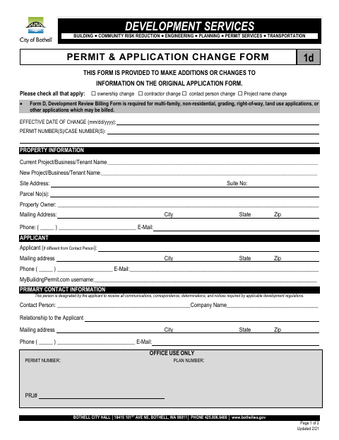 First page of the Permit & Application Change Form