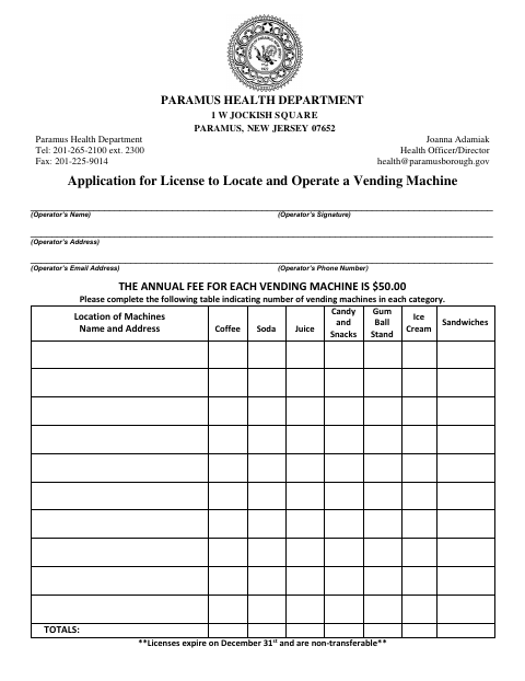 First page of the Application for License to Locate and Operate a Vending Machine