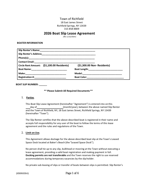 First page of the Boat Slip Lease Agreement