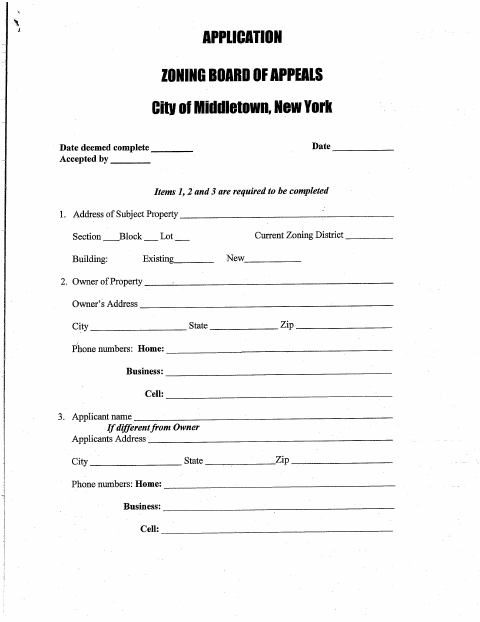 First page of the Zoning Board of Appeals Application