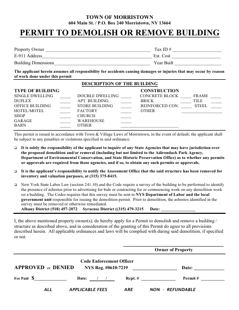 First page of the Permit to Demolish or Remove Building