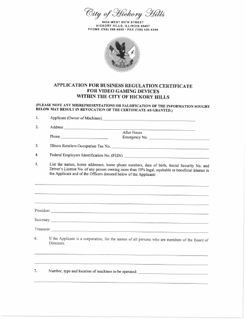 First page of the Video Gaming Devices Application