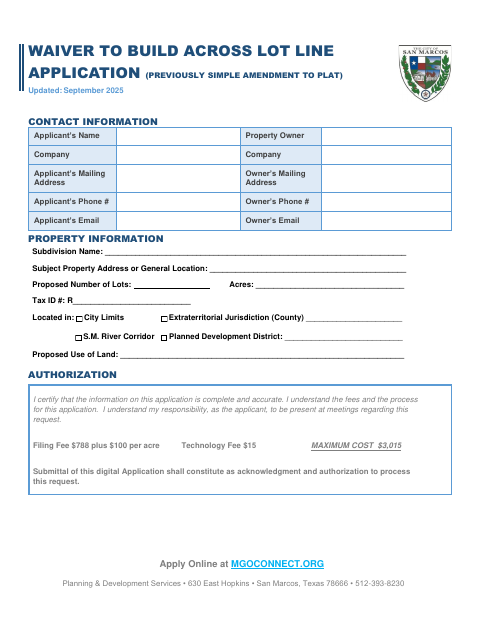 First page of the Waiver to Build Across Lot Line Application