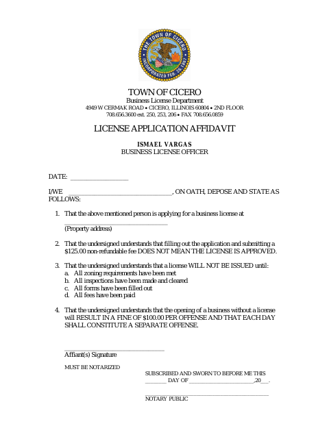 First page of the Business License Application Affidavit