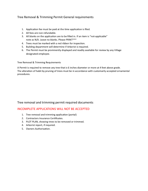 First page of the Tree Removal and Trimming Permit Application