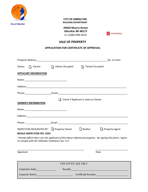 First page of the Sale of Property Application for Certificate of Approval
