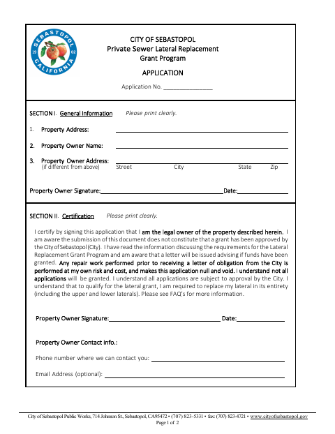 First page of the Private Sewer Lateral Replacement Grant Program Application