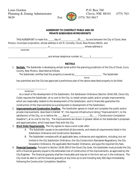 First page of the Subdivision Improvement Agreement