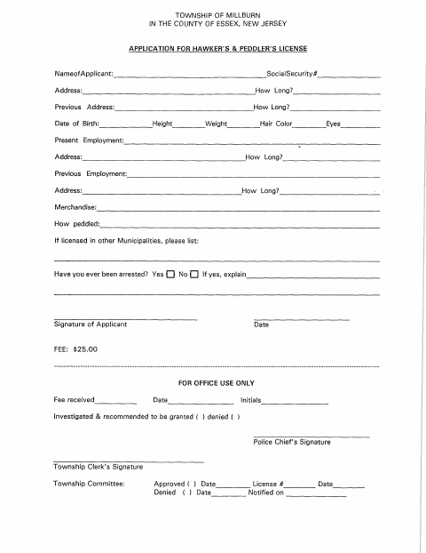 First page of the Hawkers and Peddlers License Application