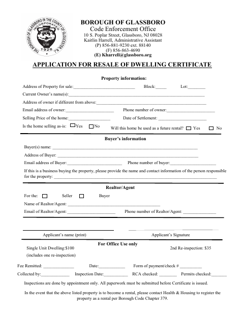 First page of the Resale of Dwelling Certificate Application