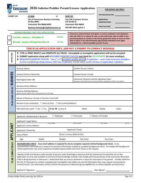 First page of the Solicitor/Peddler Permit/License Application
