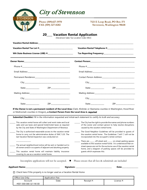 First page of the Vacation Rental Application