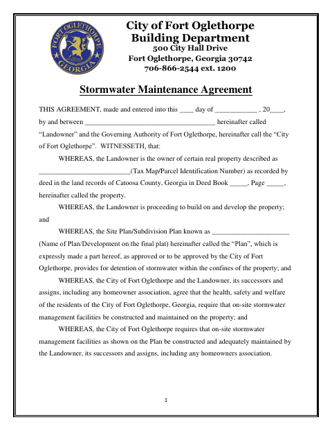 First page of the Stormwater Maintenance Agreement