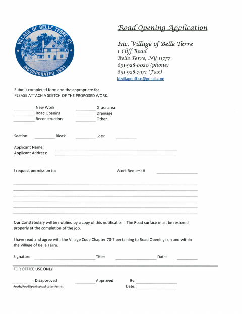First page of the Road Opening Application