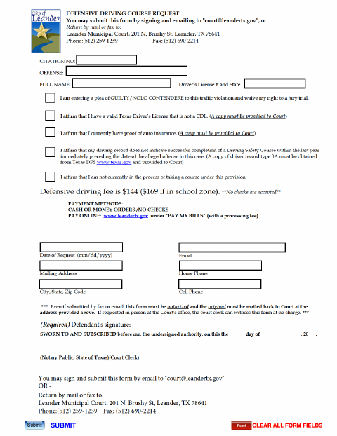 First page of the Defensive Driving Course Request