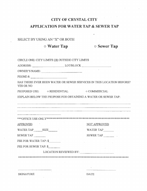 First page of the Water/Sewer Tap Application