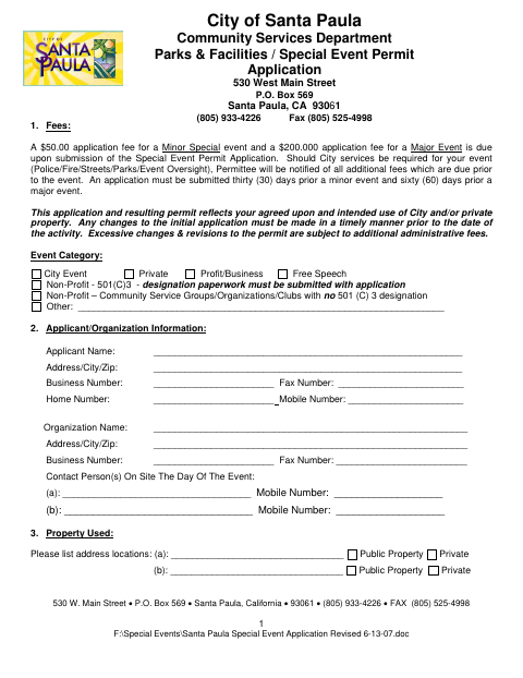 First page of the Special Event Permit Application