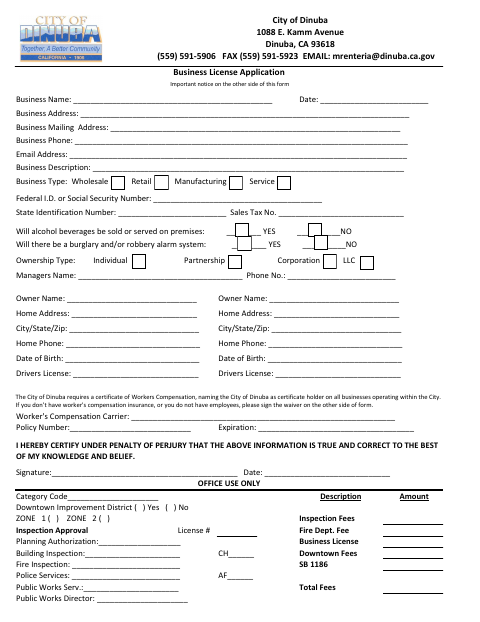 First page of the Business License Application (Downtown)