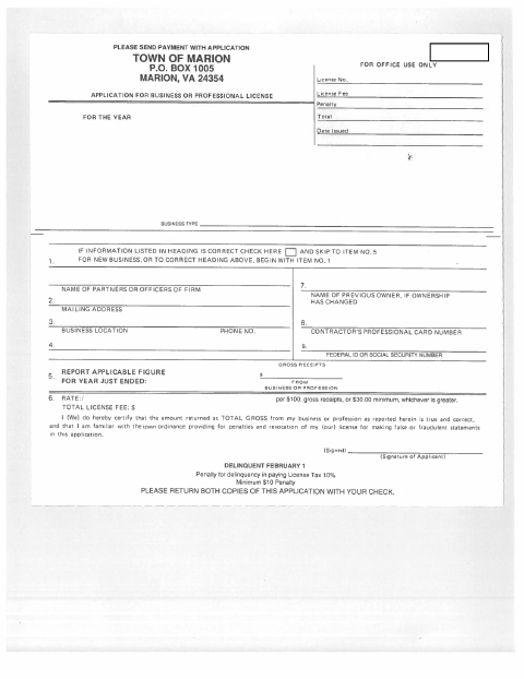 First page of the Application for Business or Professional License