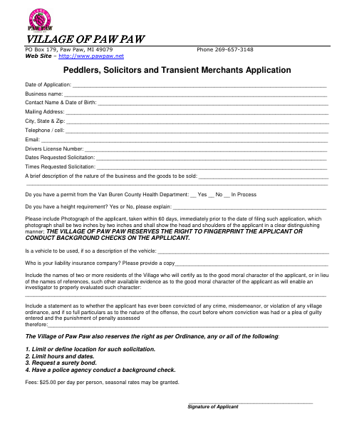 First page of the Peddlers, Solicitors and Transient Merchants Application
