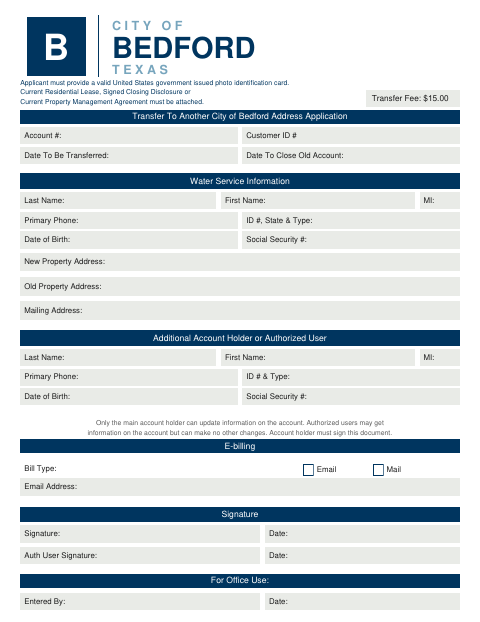 First page of the Transfer To Another City Of Bedford Address Application
