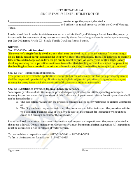 First page of the Single-Family Rental Utility Notice