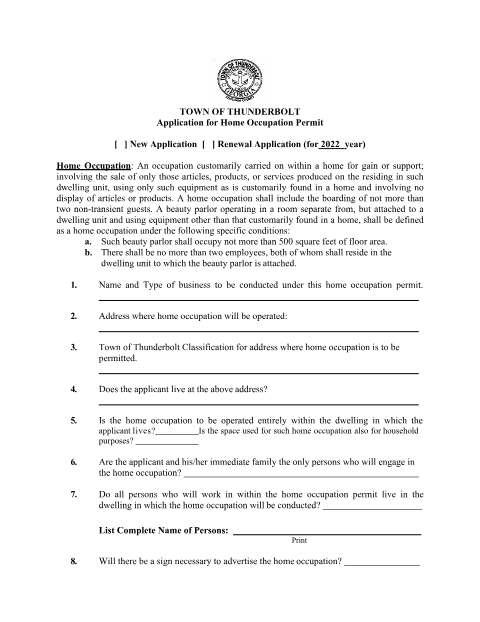 First page of the Home Occupation Permit Application