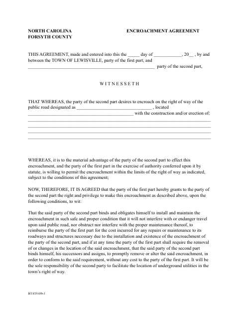 First page of the North Carolina Encroachment Agreement