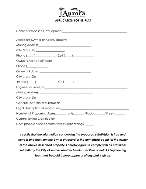 First page of the Amended Plat Application (Application for Re-Plat)