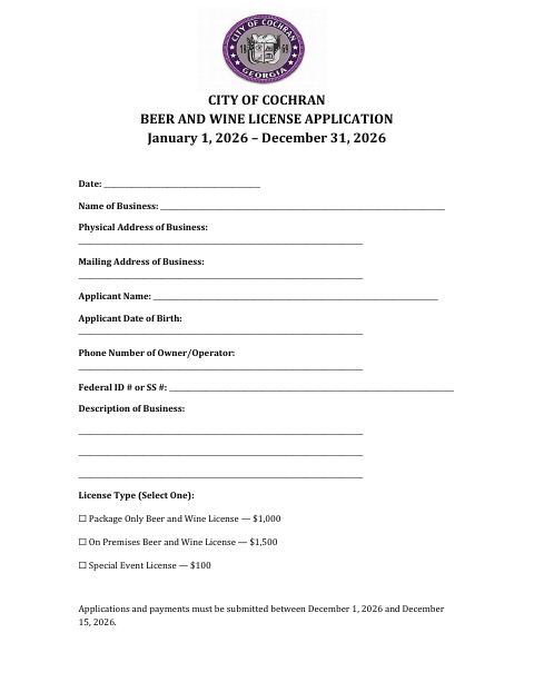 First page of the 2026 Beer and Wine License Application